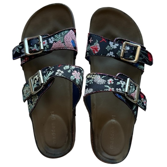 Madden Girl Black with Multicolor Embroidered Print Women's Padded Sandals - Picture 2 of 9
